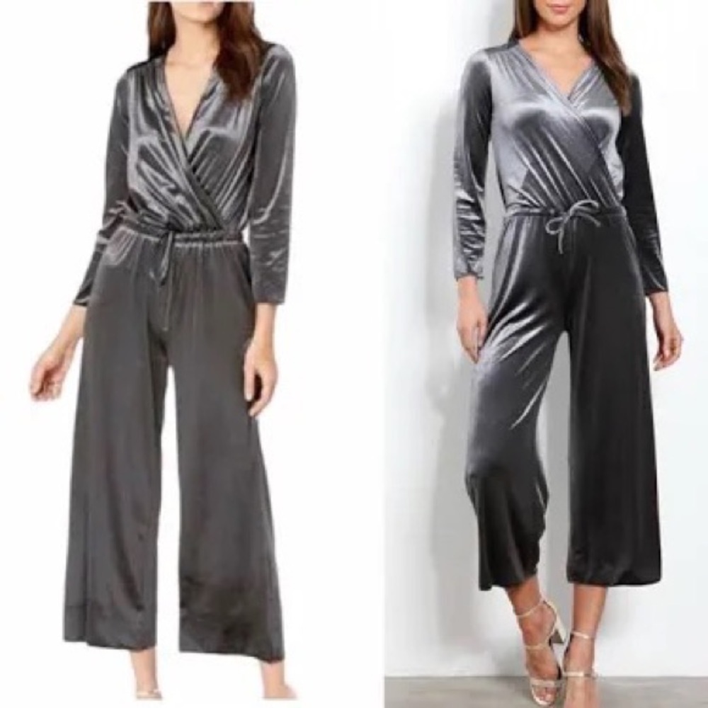 Three Dots Gray Velvet Long Sleeve Faux Wrap Jumpsuit Size XS